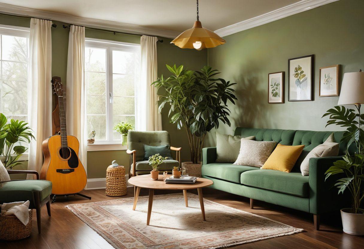 A cozy, well-decorated living room featuring a happy family surrounded by cherished possessions like a guitar, photo frames, and plants, with an umbrella symbolizing protection above them. The scene should convey warmth and safety, highlighting the peace of mind renter's insurance offers. Super-realistic. Warm colors. Soft lighting.