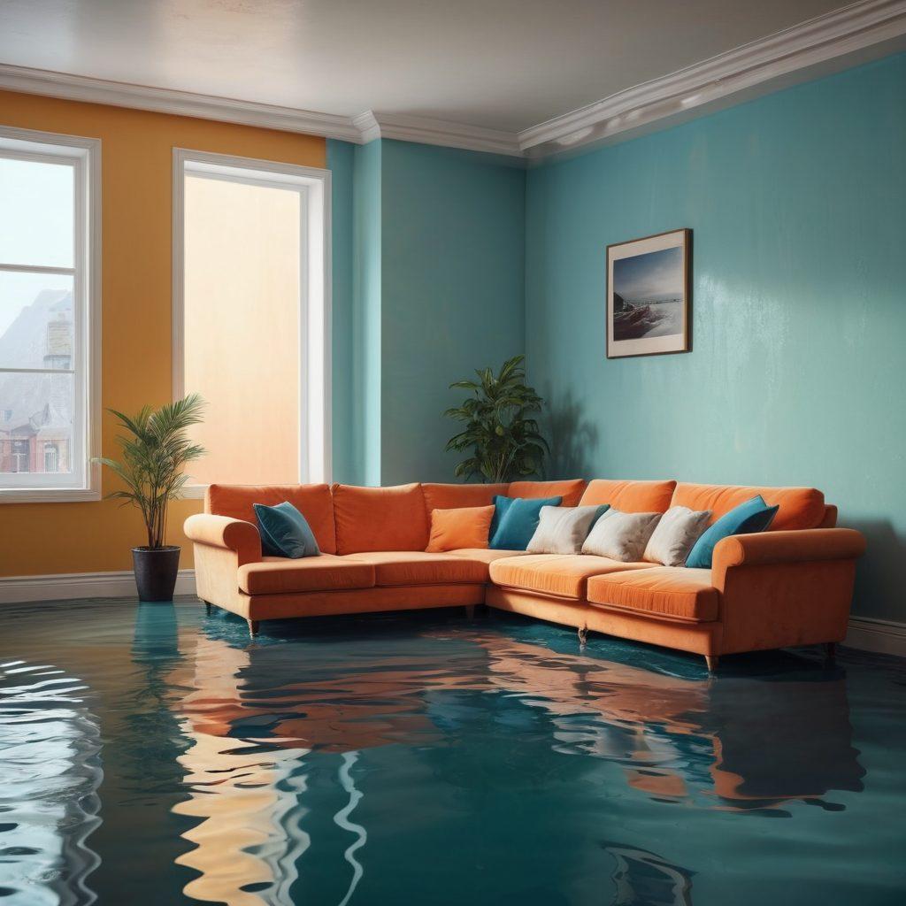 A visually engaging scene depicting a cozy apartment transitioning into a flooded living room, with one half featuring traditional flat furnishings and the other under water. Include elements like floating furniture, waterlogged documents, and a worried tenant discussing with an insurance agent. The atmosphere should combine realism with a touch of surrealism to emphasize the contrast. Super-realistic. Vibrant colors. 3D.