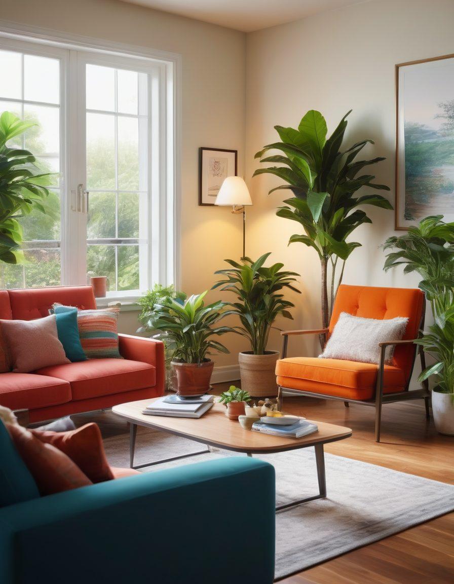 An inviting living room scene showcasing a family happily discussing while surrounded by houseplants and cozy furniture, symbolizing peace of mind, with visuals of insurance documents and a protective shield icon subtly integrated into the background. Soft, warm lighting enhances the tranquility of the space. super-realistic. vibrant colors. soft focus.